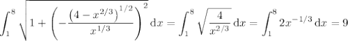 \displaystyle\int_1^8\sqrt{1+\left(-\dfrac{\left(4-x^{2/3}\right)^{1/2}}{x^{1/3}}\right)^2}\,\mathrm dx=\int_1^8\sqrt{\dfrac4{x^{2/3}}}\,\mathrm dx=\int_1^82x^{-1/3}\,\mathrm dx=9