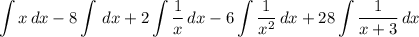 \displaystyle \int {x} \, dx - 8\int {} \, dx + 2\int {\frac{1}{x}} \, dx - 6\int {\frac{1}{x^2}} \, dx + 28\int {\frac{1}{x + 3}} \, dx