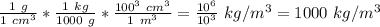\frac{1\ g}{1\ cm^{3}}*\frac{1\ kg}{1000\ g}*\frac{100^{3}\ cm^{3}}{1\ m^{3}}=\frac{10^{6}}{10^{3}}\ kg/m^{3}=1000\ kg/m^{3}