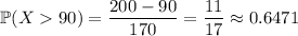 \mathbb P(X90)=\dfrac{200-90}{170}=\dfrac{11}{17}\approx0.6471