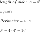 length \ of \ side : \ a = 4'\\\\Square \\ \\ Perimeter = 4 \cdot a \\ \\P=4 \cdot 4'=16'
