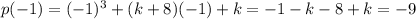 p(-1)=(-1)^3+(k+8)(-1)+k=-1-k-8+k=-9