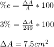 \%e =\frac{\Delta A}{A} *100\\\\3\%=\frac{\Delta A}{249} *100\\\\\Delta A =7.5 cm^{2}