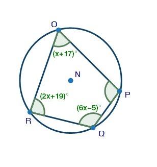 Quadrilateral opqr is inscribed in circle n, as shown below. what is the measure of ∠pqr? quadrilat