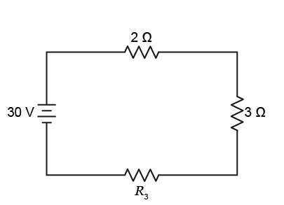 The current in the circuit shown is 2.0 a. what is the value of r3? a) 10 ω b) 15 ω c) 20 ω d) 55 ω