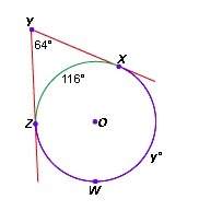 In the diagram below, xy and yz are tangent to o. which equation could be solved to find y, the meas