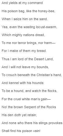 Read these lines from the poem. my home is ’mid the mountain rocks the desert my domain. i plant no