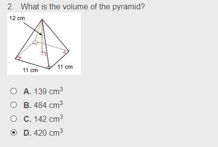 What is the volume of the pyramid? a. 139 cm3 b. 484 cm3 c. 142 cm3 d. 420 cm3