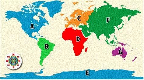 Which letter identifies the continent that includes southern and eastern asia? question 1 options: