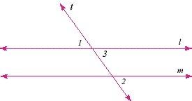 If ∠1 and ∠2 are equal, why are lines l and m are parallel. a. alternate interior angles theorem b.
