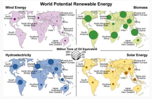 According to this map of potential renewable energy, what form of renewable energy has the greatest