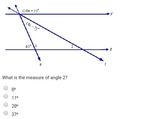 Need asap! brainliest promised! lines y and z are parallel. what is the measure of angle 2?