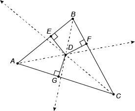 Ad¯¯¯¯¯ , bd¯¯¯¯ ¯, and cd¯¯¯¯¯ are angle bisectors of the vertex angles of △abc. ag=5 meters and a