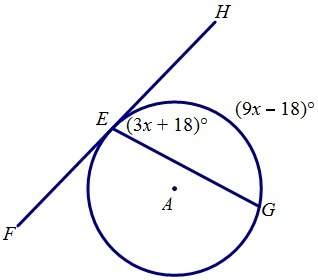 In circle a, tangent fh and chord eg intersect to form angle heg. find the measure of angle heg. a.