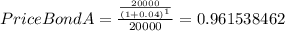 PriceBondA=\frac{\frac{20000}{(1+0.04)^{1} } }{20000} =0.961538462