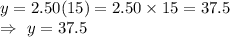 y = 2.50(15)=2.50\times15=37.5\\\Rightarrow\ y=37.5
