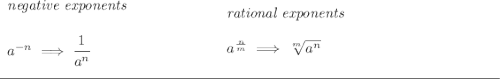 \bf \begin{array}{llll} \textit{negative exponents} \\\\ a^{-n} \implies \cfrac{1}{a^n} ~\hspace{8em} \end{array} \begin{array}{llll} \textit{rational exponents} \\\\ a^{\frac{ n}{ m}} \implies \sqrt[ m]{a^ n} \end{array} \\\\[-0.35em] \rule{34em}{0.25pt}