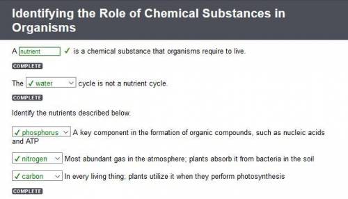 Identify the nutrients described below.  a key component in the formation of organic compounds, such