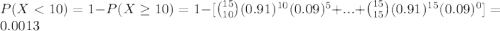 P (X < 10) = 1 - P (X \geq 10) = 1 - [{15 \choose 10}(0.91)^{10}(0.09)^{5}+...+{15 \choose 15} (0.91)^{15}(0.09)^{0}] = 0.0013