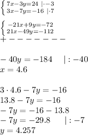 \left \{ {{7x-3y=24\ |\cdot-3} \atop {3x-7y=-16\ |\cdot7}} \right. \\\\ \left \{ {{-21x+9y=-72} \atop {21x-49y=-112}} \right. \\+-------\\\\-40y=-184\ \ \ \ |:-40\\x=4.6\\\\3\cdot4.6-7y=-16\\13.8-7y=-16\\-7y=-16-13.8\\-7y=-29.8\ \ \ \ \ |:-7\\y=4.257