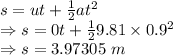 s=ut+\frac{1}{2}at^2\\\Rightarrow s=0t+\frac{1}{2}9.81\times 0.9^2\\\Rightarrow s=3.97305\ m