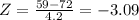Z=\frac{59-72}{4.2}=-3.09