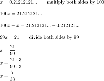 x=0.21212121...\qquad\text{multiply both sides by 100}\\\\100x=21.212121...\\\\100x-x=21.212121...-0.212121...\\\\99x=21\qquad\text{divide both sides by 99}\\\\x=\dfrac{21}{99}\\\\x=\dfrac{21:3}{99:3}\\\\x=\dfrac{7}{33}
