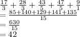 \frac{17}{3} +\frac{28}{3} +\frac{43}{5} +\frac{47}{5} +\frac{9}{1}\\=\frac{85+140+129+141+135}{15} \\=\frac{630}{15} \\=42