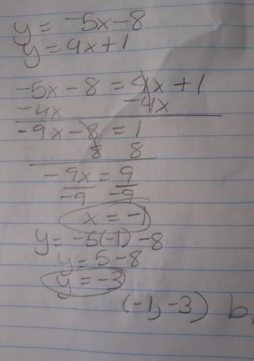 Solve the system of equations. y= -5x - 8 y = 4x + 1 a. (1, -3) b. (-1, -3) c. (3, 1) d. no solution