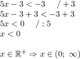5x-3 < -3\ \ \ \ /+3\\5x-3+3 < -3+3\\5x < 0\ \ \ \ /:5\\x < 0\\\\x\in\mathbb{R^+}\Rightarrow x\in(0;\ \infty)