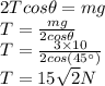 2Tcos\theta=mg\\T=\frac{mg}{2cos\theta}\\ T=\frac{3\times10}{2cos(45^{\circ})}\\ T=15\sqrt{2}N