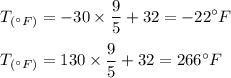 T_{(^\circ F)} = -30\times \displaystyle\frac{9}{5} + 32 = -22 ^\circ F\\\\T_{(^\circ F)} = 130\times \displaystyle\frac{9}{5} + 32 = 266^\circ F