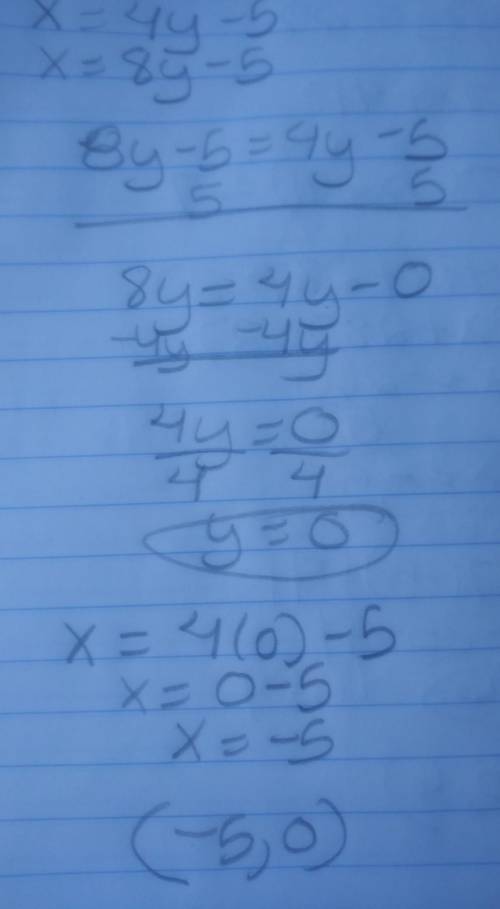 Solve the system of equations by the substitution method.x = 4y - 5x = 8y - 5