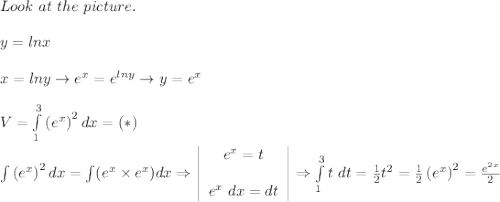 Look\ at\ the\ picture.\\\\y=lnx\\\\x=lny\to e^x=e^{lny}\to y=e^x\\\\V=\int\limits_1^3\left(e^x\right)^2dx=(*)\\\\\int\left(e^x\right)^2dx=\int(e^x\times e^x)dx\Rightarrow  \left|\begin{array}{ccc}e^x=t\\\\e^x\ dx=dt\end{array}\right|\Rightarrow\int\limits_1^3t\ dt=\frac{1}{2}t^2=\frac{1}{2}\left(e^x\right)^2=\frac{e^{2x}}{2}