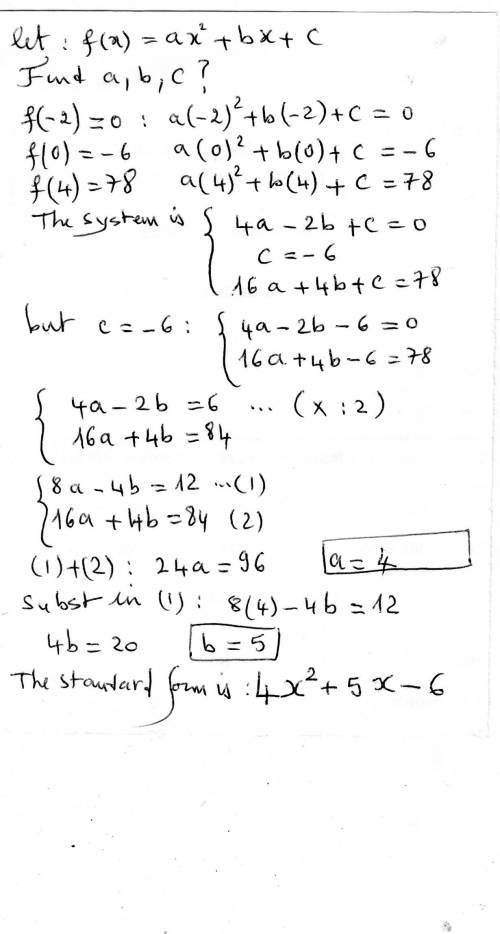 What is the equation in standard form of a parabola that models the values in the table (-2,,-,78)