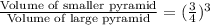 \frac{\text{Volume of smaller pyramid}}{\text{Volume of large pyramid}}=(\frac{3}{4})^{3}