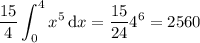 \displaystyle\frac{15}4\int_0^4x^5\,\mathrm dx=\dfrac{15}{24}4^6=2560