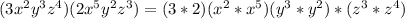 (3x^2y^3z^4)(2x^5y^2z^3) = (3*2)(x^{2} *x^{5})(y^{3}*  y^{2})*(z^{3}  *z^{4})