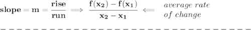 \bf slope = {{ m}}= \cfrac{rise}{run} \implies &#10;\cfrac{{{ f(x_2)}}-{{ f(x_1)}}}{{{ x_2}}-{{ x_1}}}\impliedby&#10;\begin{array}{llll}&#10;average\ rate\\&#10;of\ change&#10;\end{array} \\\\&#10;-------------------------------\\\\