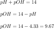 pH+pOH=14\\\\pOH=14-pH\\\\pOH=14-4.33=9.67