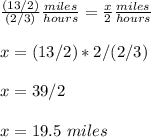 \frac{(13/2)}{(2/3)}\frac{miles}{hours} =\frac{x}{2}\frac{miles}{hours} \\ \\x=(13/2)*2/(2/3)\\ \\x=39/2\\ \\x=19.5\ miles