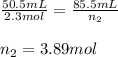 \frac{50.5mL}{2.3mol}=\frac{85.5mL}{n_2}\\\\n_2=3.89mol