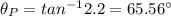 \theta_{P} = tan^{- 1}{2.2} = 65.56^{\circ}