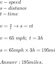 v-speed\\s-distance\\t-time\\\\v=\frac{s}{t}\to s=vt\\\\v=65\ mph;\ t=3h\\\\s=65mph\times3h=195mi\\\\195miles.