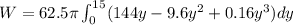 W = 62.5\pi \int_{0}^{15} (144y - 9.6y^{2} + 0.16y^{3})dy