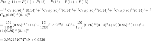 P(x\geq11)=P(11)+P(12)+P(13)+P(14)+P(15)\\\\=^{15}C_{11}(0.86)^{11}(0.14)^{4}+^{15}C_{12}(0.86)^{12}(0.14)^{3}+^{15}C_{13}(0.86)^{13}(0.14)^{2}+^{15}C_{14}(0.86)^{14}(0.14)^{1}+^{15}C_{15}(0.86)^{15}(0.14)^{0}\\\\=\dfrac{15!}{11!4!}(0.86)^{11}(0.14)^{4}+\dfrac{15!}{12!3!}(0.86)^{12}(0.14)^{3}+\dfrac{15!}{13!2!}(0.86)^{13}(0.14)^{2}+(15)(0.86)^{14}(0.14)^{1}+(1)(0.86)^{15}(0.14)^{0}\\\\=0.952154074749\approx0.9526