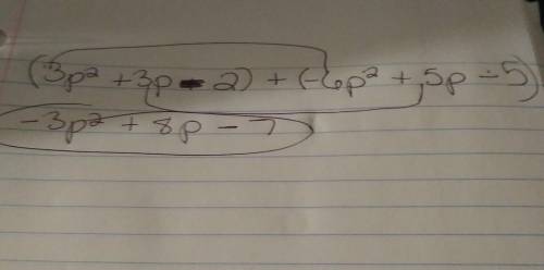 Find the sum (3p^2 +3p -2) + (-6p^2 +5p -5)
