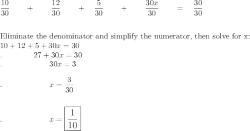 \dfrac{10}{30}\qquad +\qquad \dfrac{12}{30}\qquad +\quad \dfrac{5}{30}\qquad +\qquad \dfrac{30x}{30}\qquad = \quad\dfrac{30}{30}\\\\\\\text{Eliminate the denominator and simplify the numerator, then solve for x:}\\10 + 12 + 5 + 30x = 30\\.\qquad \qquad 27 + 30x = 30\\.\qquad \qquad \qquad 30x = 3\\\\.\qquad \qquad \qquad x=\dfrac{3}{30}\\\\\\.\qquad \qquad \qquad x=\large\boxed{\dfrac{1}{10}}