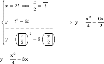\bf \begin{cases}&#10;x=2t\implies \cfrac{x}{2}=\boxed{t}\\\\&#10;y=t^2-6t\\&#10;----------\\&#10;y=\left( \boxed{\frac{x}{2}} \right)^2-6\left( \boxed{\frac{x}{2}} \right)&#10;\end{cases}\implies y=\cfrac{x^2}{4}-\cfrac{6x}{2}&#10;\\\\\\&#10;y=\cfrac{x^2}{4}-3x
