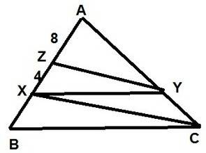 In $\triangle abc$, points $x$ and $z$ are on $\overline{ab}$ and $y$ is on $\overline{ac}$ such tha